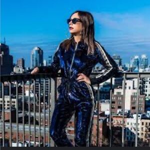Pam & Gela Black/Blue Satin Jumpsuit with White, Gold and Black Trim